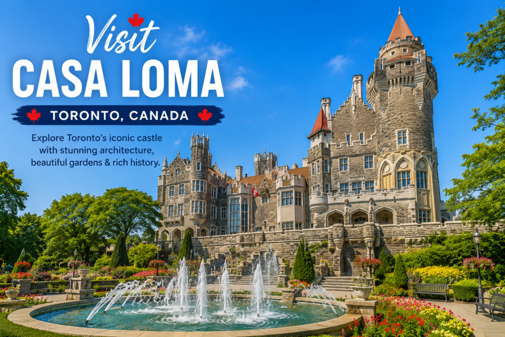 Casa Loma in Toronto Canada with historic castle architecture, gardens, fountain, and blue sky