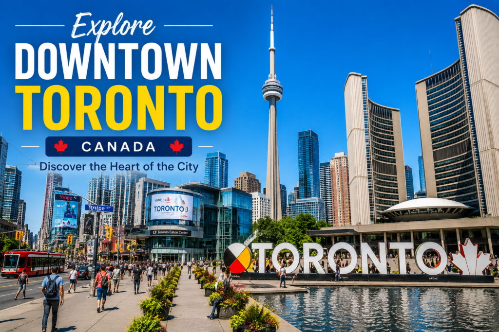 Downtown Toronto Canada with CN Tower, modern skyscrapers, Toronto sign, streetcar, and busy city streets