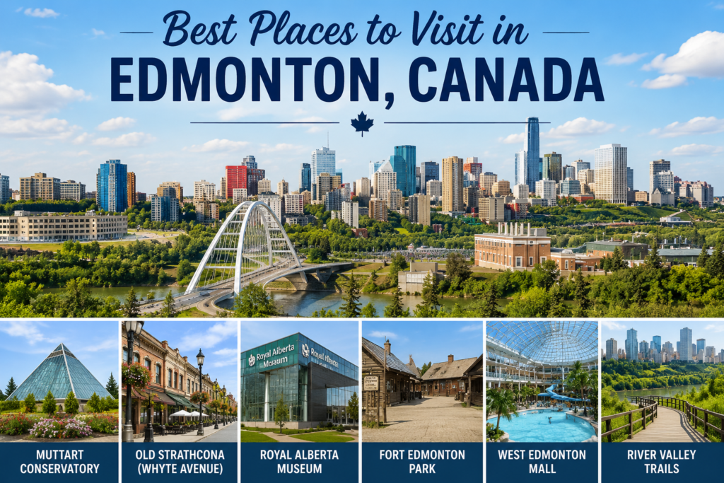 Best places to visit in Edmonton Canada featuring the River Valley, Muttart Conservatory, Royal Alberta Museum, Fort Edmonton Park, and city skyline