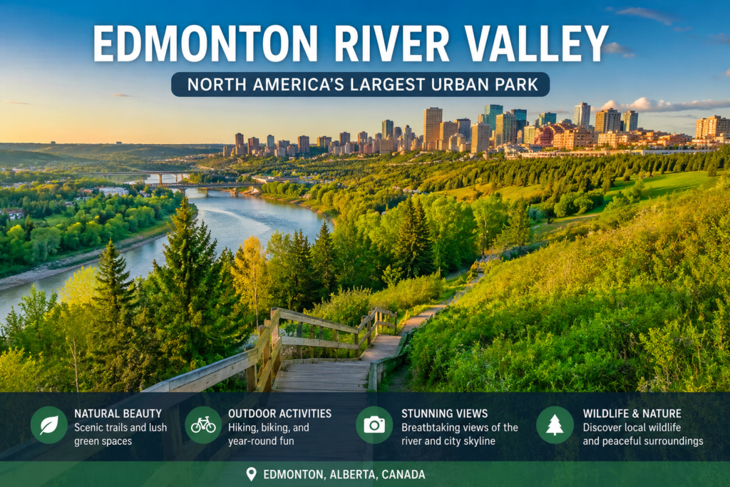 Edmonton River Valley with scenic trails, green landscapes, river, and Edmonton city skyline in Alberta, Canada