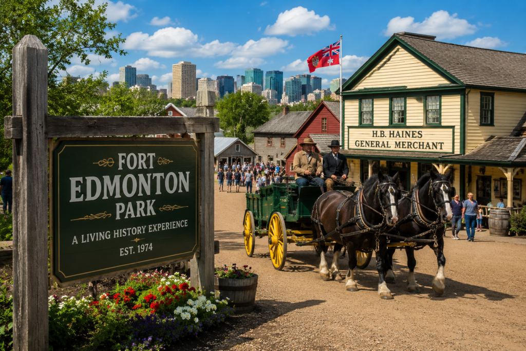 Fort Edmonton Park with historic buildings, horse-drawn wagon, and visitors in Edmonton, Alberta