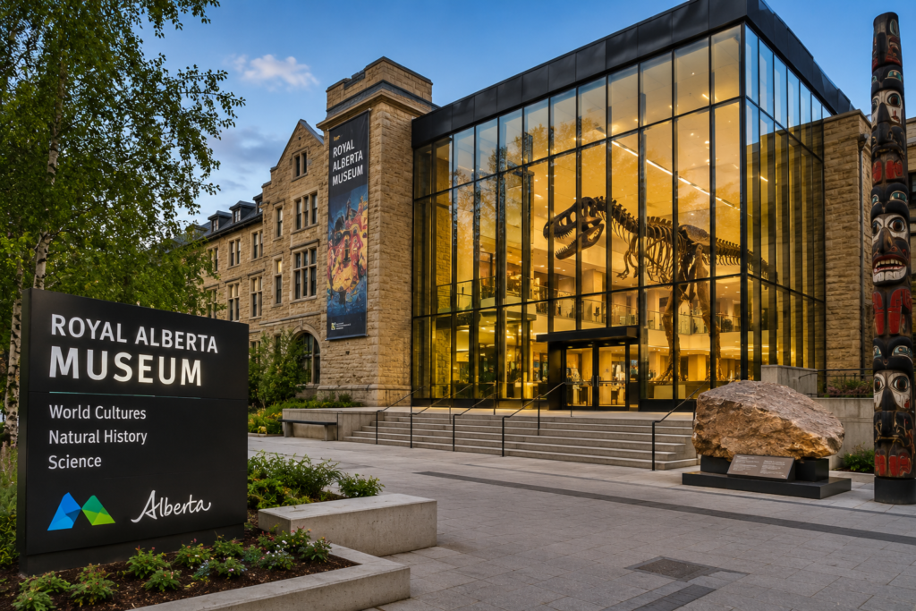 Royal Alberta Museum building with dinosaur exhibit and historic architecture in Edmonton, Alberta