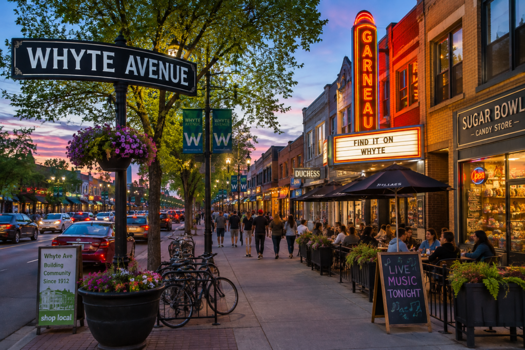 Whyte Avenue with shops, restaurants, street lights, and pedestrians in Edmonton, Alberta