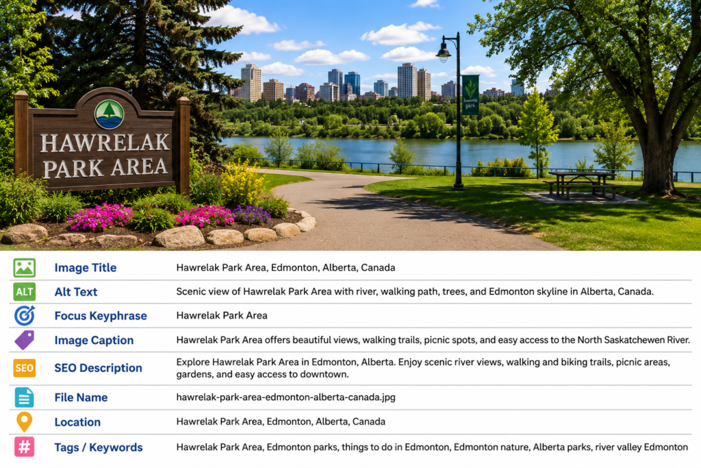 Scenic view of Hawrelak Park Area with river, walking paths, trees, and Edmonton skyline