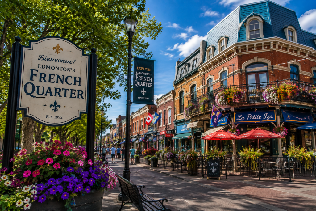 Edmonton's French Quarter with historic buildings, cafΓ©s, shops, flowers, and lively streets