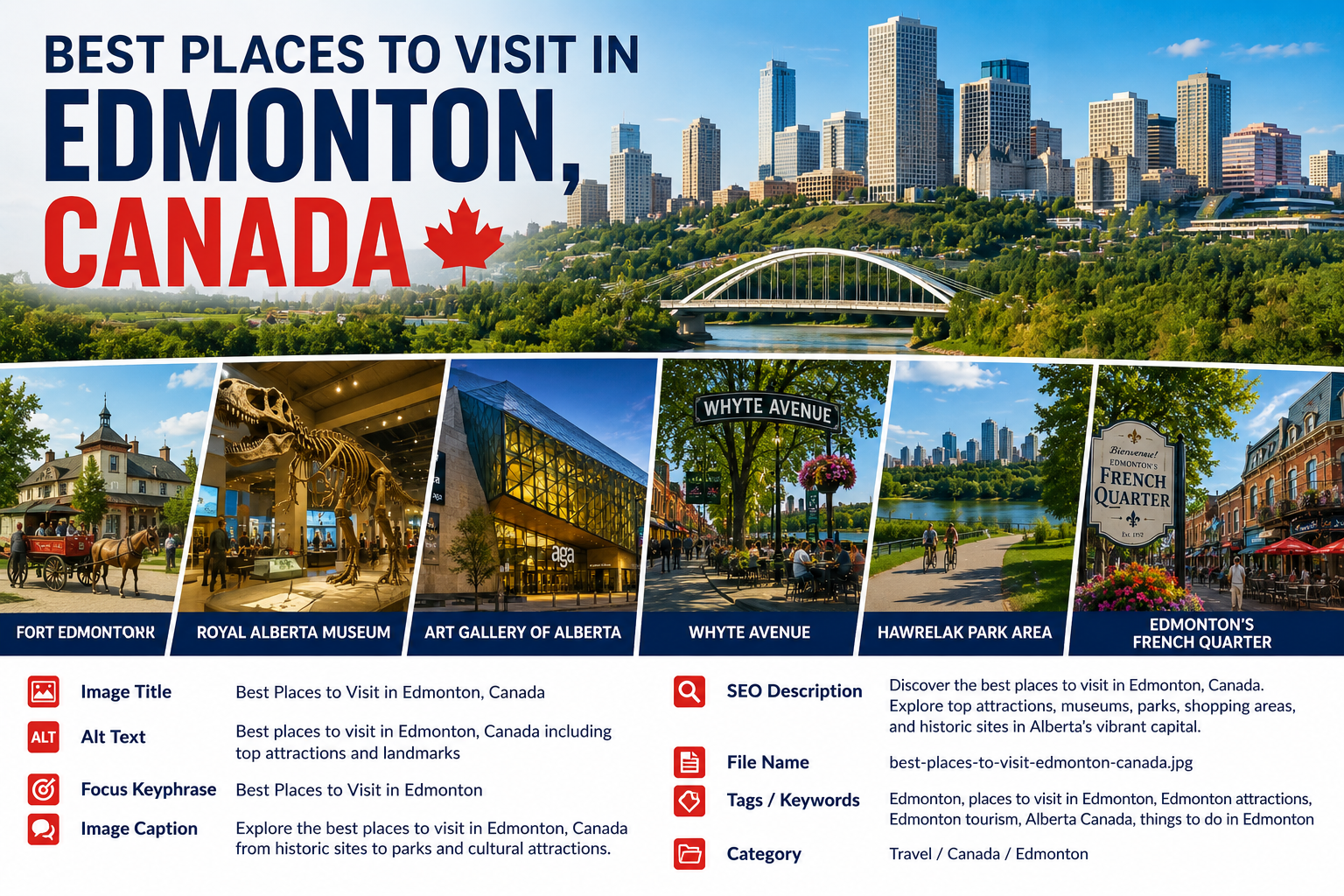 Best places to visit in Edmonton, Canada with city skyline, parks, museums, and popular attractions