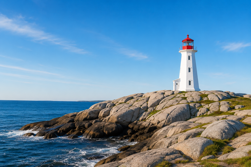 Peggy's Point Lighthouse on rocky coastline at Peggy's Cove in Nova Scotia, Canada