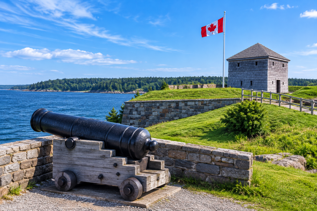 York Redoubt National Historic Site with historic cannon, fort walls, green landscape, and Halifax Harbour