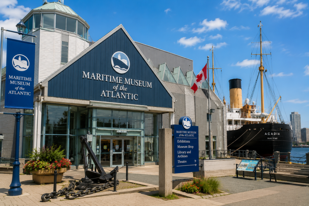 Maritime Museum of the Atlantic building with historic ship and waterfront in Halifax, Nova Scotia