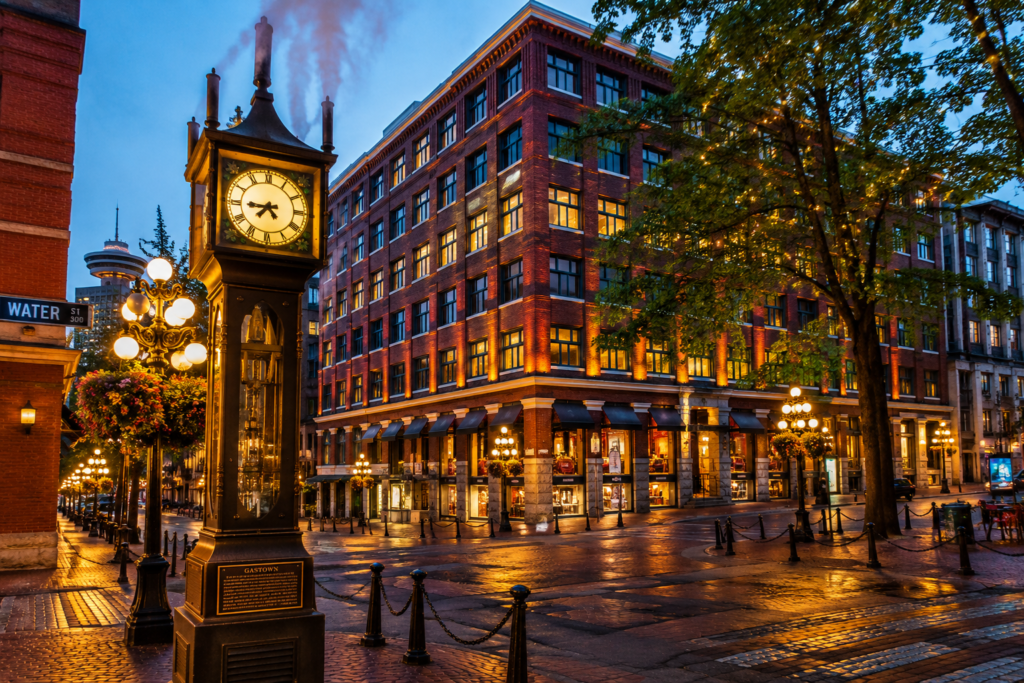 Gastown Vancouver Canada with historic buildings and steam clock