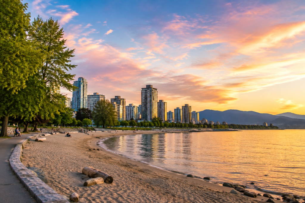 English Bay Beach in Vancouver Canada at sunset