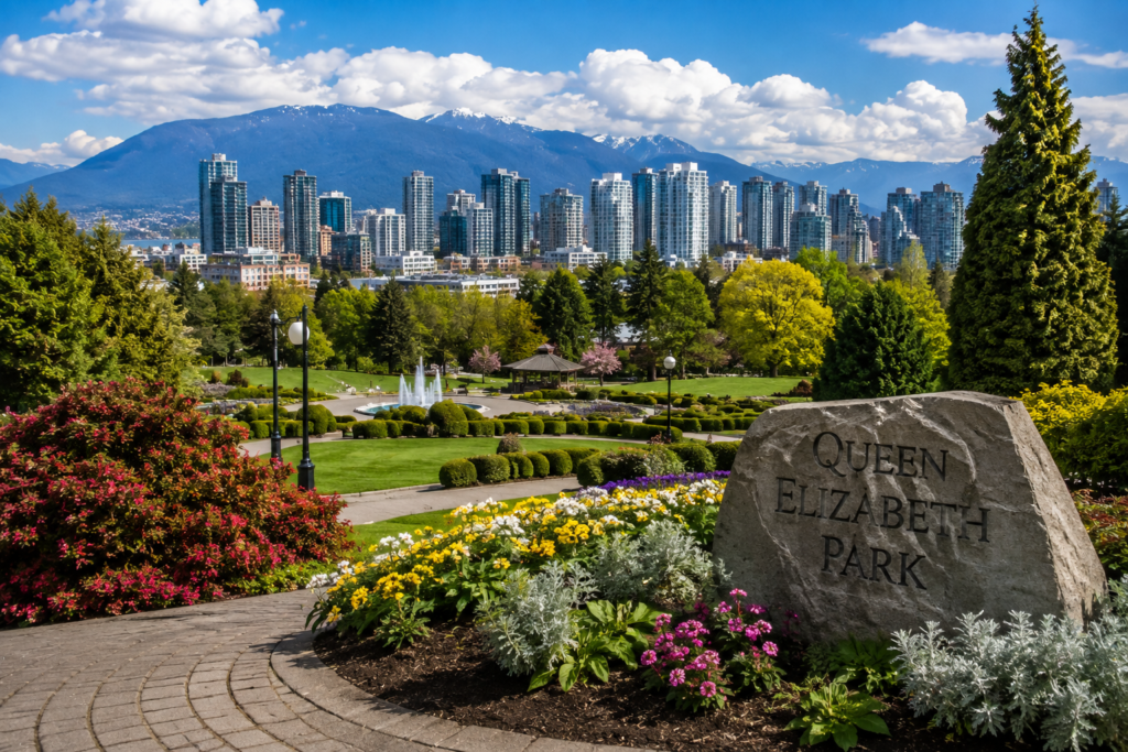 Queen Elizabeth Park in Vancouver Canada with gardens and mountain views