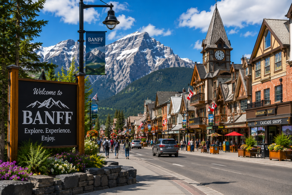 Banff Town with mountain views, shops, restaurants, and streets in Alberta, Canada
