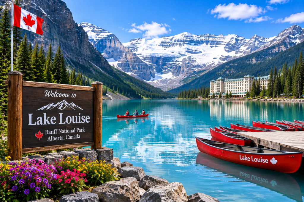 Lake Louise with turquoise water, Rocky Mountains, forests, and red canoes in Alberta, Canada