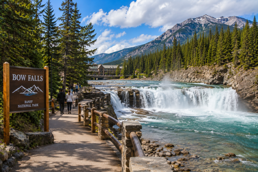 Bow Falls with rushing water, walking trail, forests, and Rocky Mountain scenery in Banff