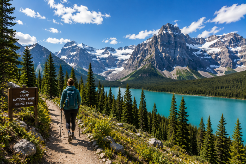 Hiker on a trail surrounded by mountains, forests, and a turquoise lake in Banff National Park