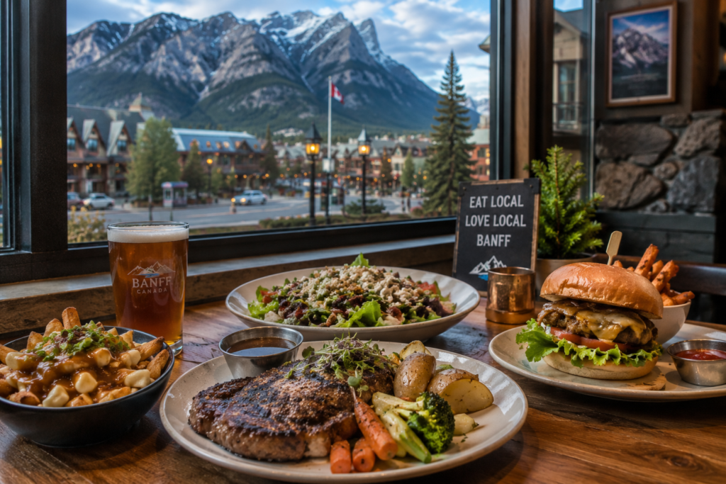 Local food dishes served at a restaurant in Banff with Rocky Mountain views