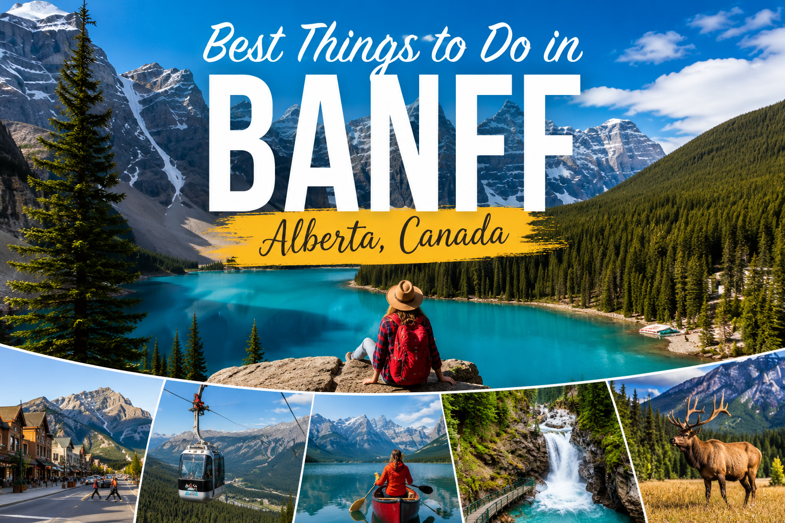 Best things to do in Banff, Alberta featuring turquoise lake, Rocky Mountains, hiking, gondola, and wildlife