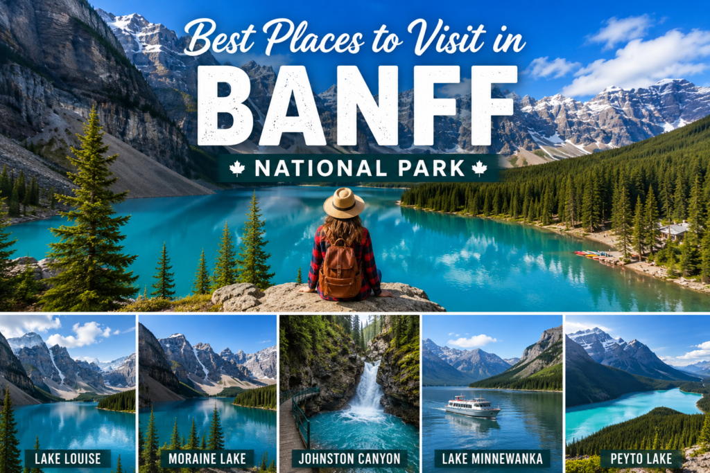 Best places to visit in Banff National Park with turquoise lakes, Rocky Mountains, forests, and scenic attractions