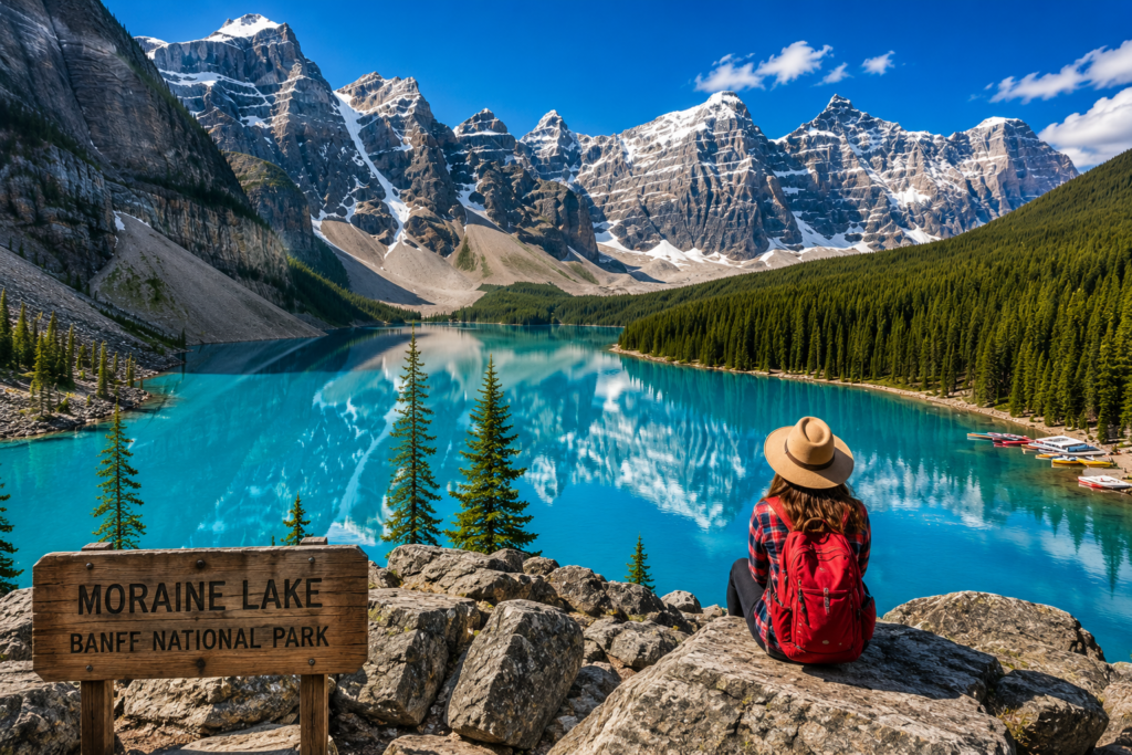 Moraine Lake with turquoise water, snow-capped mountains, pine forests, and scenic views in Banff National Park