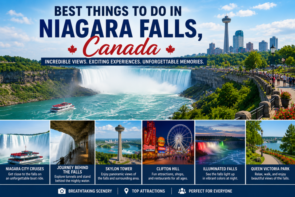 Best things to do in Niagara Falls Canada featuring Horseshoe Falls, Niagara City Cruises, Skylon Tower, Clifton Hill, and Queen Victoria Park