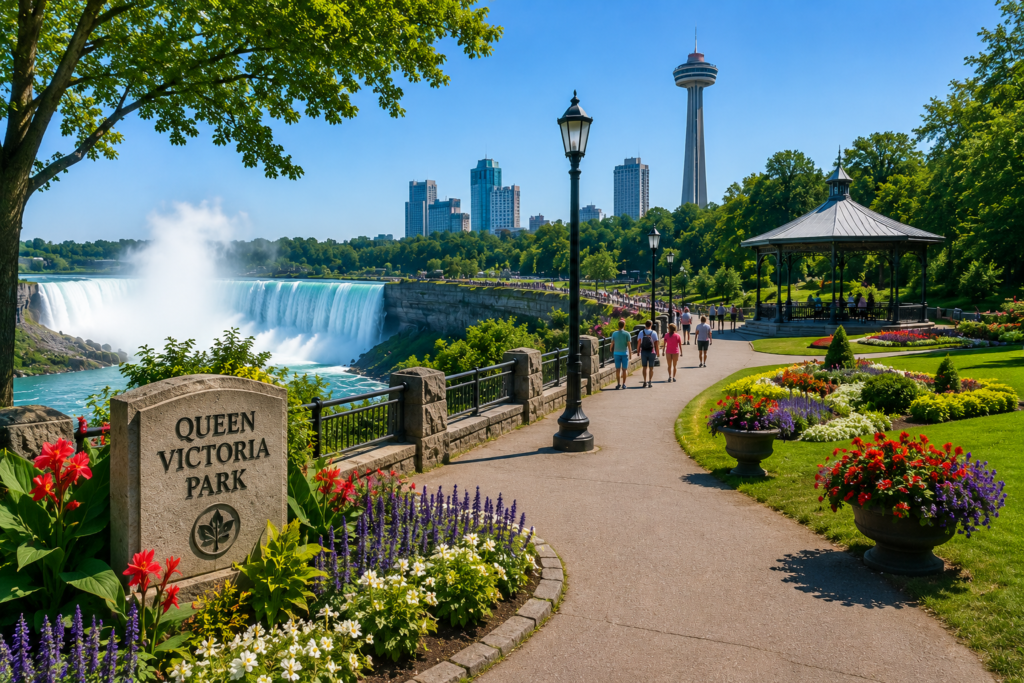 Queen Victoria Park in Niagara Falls Canada with flower gardens, walking paths, and views of Horseshoe Falls