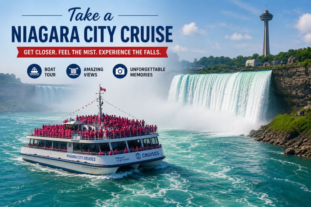 Niagara City Cruise boat near Horseshoe Falls in Niagara Falls Canada with mist and scenic views