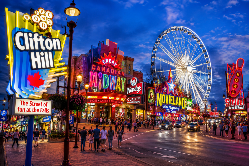 Clifton Hill in Niagara Falls Canada with bright lights, entertainment attractions, shops, and Niagara SkyWheel