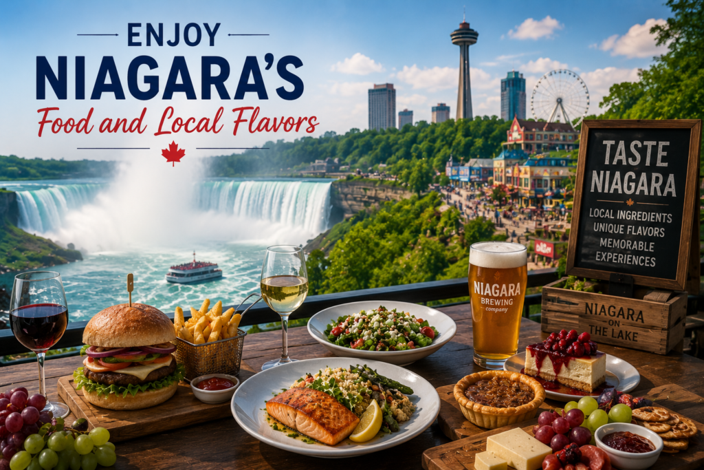 Niagara Falls Canada food and local flavors featuring fresh dishes, local ingredients, grapes, and scenic views