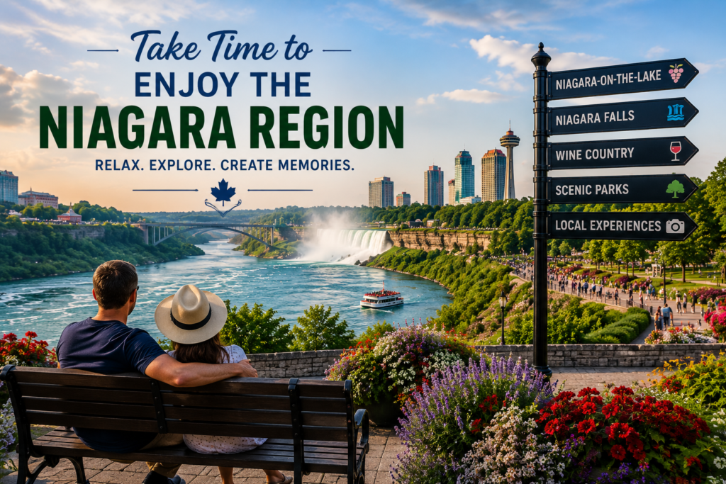 Scenic Niagara Region in Canada with Niagara Falls, river views, gardens, walking paths, and nearby attractions