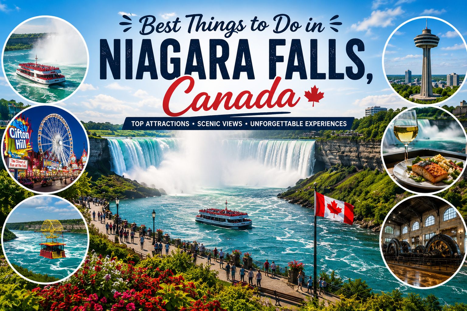 Best things to do in Niagara Falls Canada featuring Horseshoe Falls, boat cruises, Clifton Hill, Skylon Tower, and scenic attractions