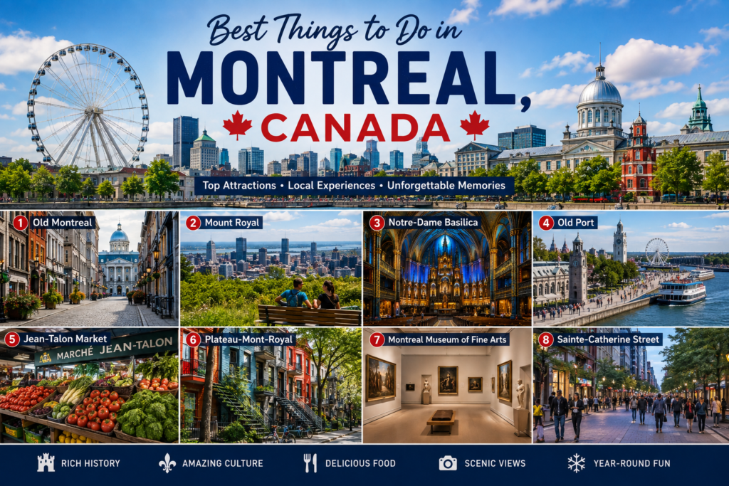 Best things to do in Montreal Canada featuring Old Montreal, Mount Royal, Notre-Dame Basilica, Old Port, and Jean-Talon Market