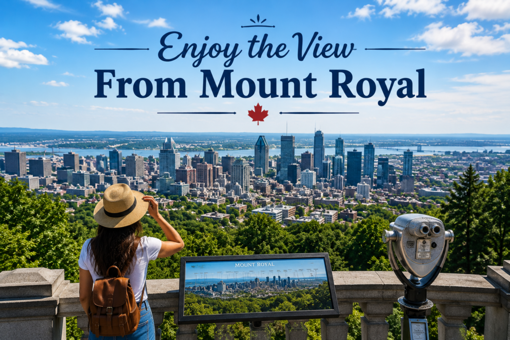 Mount Royal Montreal Canada with panoramic city skyline, St. Lawrence River, and scenic viewpoint