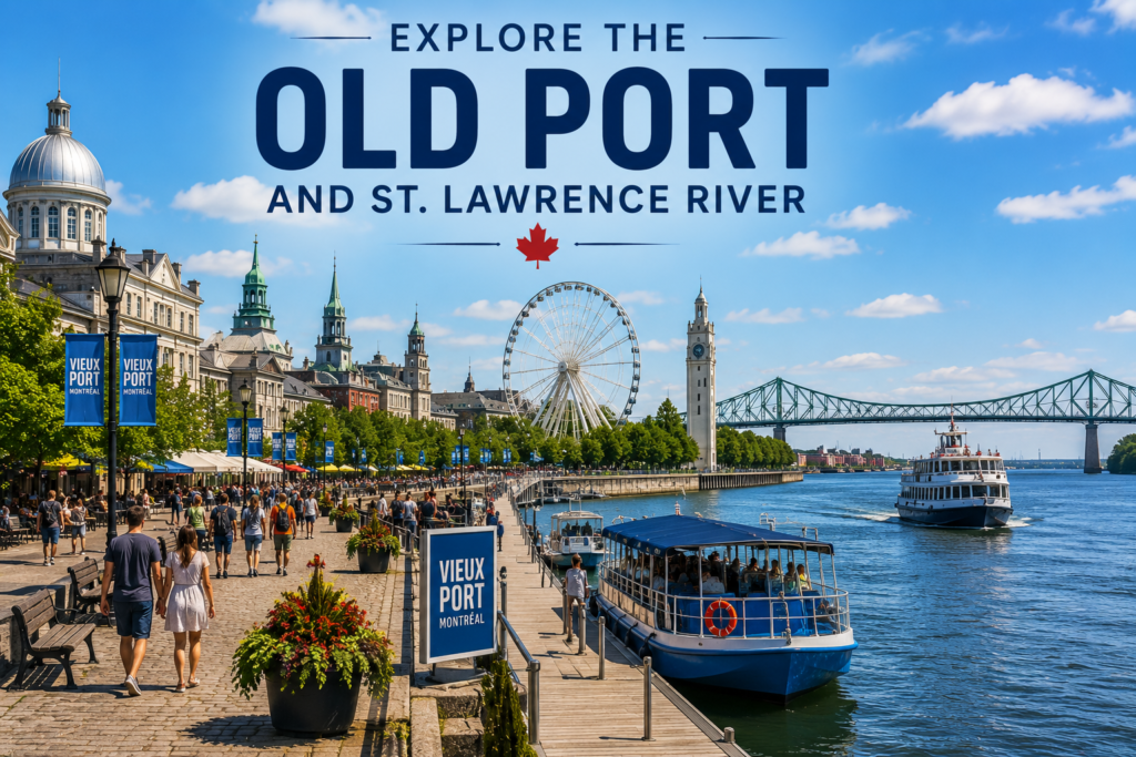 Old Port Montreal and St. Lawrence River with historic buildings, boats, waterfront paths, and scenic views