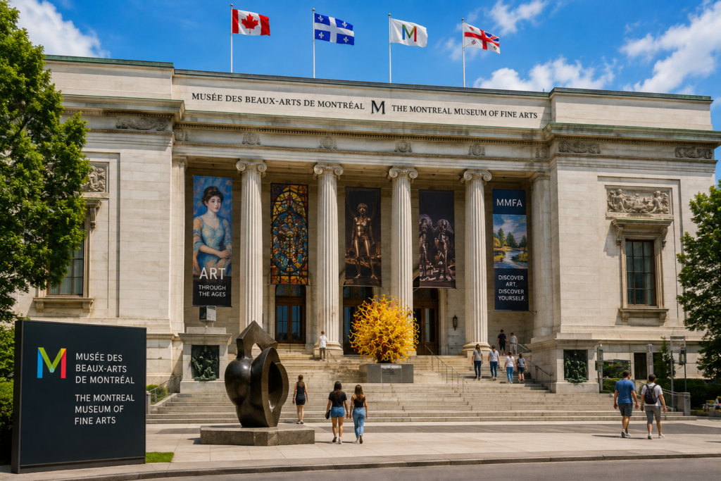 Montreal Museum of Fine Arts in Canada with grand architecture, columns, art displays, and visitors