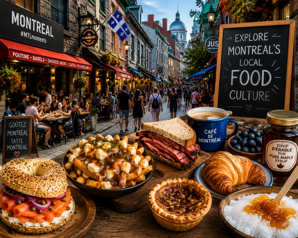 Montreal local food culture featuring poutine, bagels, smoked meat, pastries, coffee, and maple products