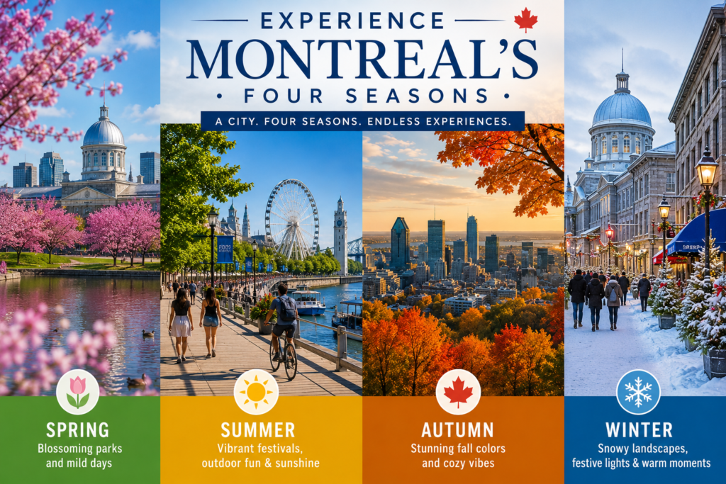 Montreal Canada through four seasons with spring blossoms, summer waterfront, autumn colors, and snowy winter streets