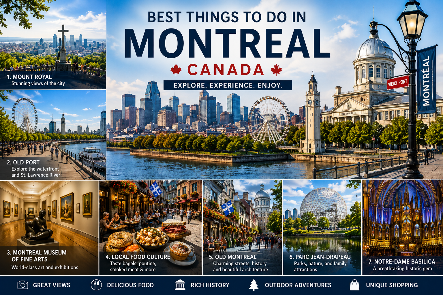 Best things to do in Montreal Canada featuring Mount Royal, Old Port, Old Montreal, local food, Notre-Dame Basilica, and city views