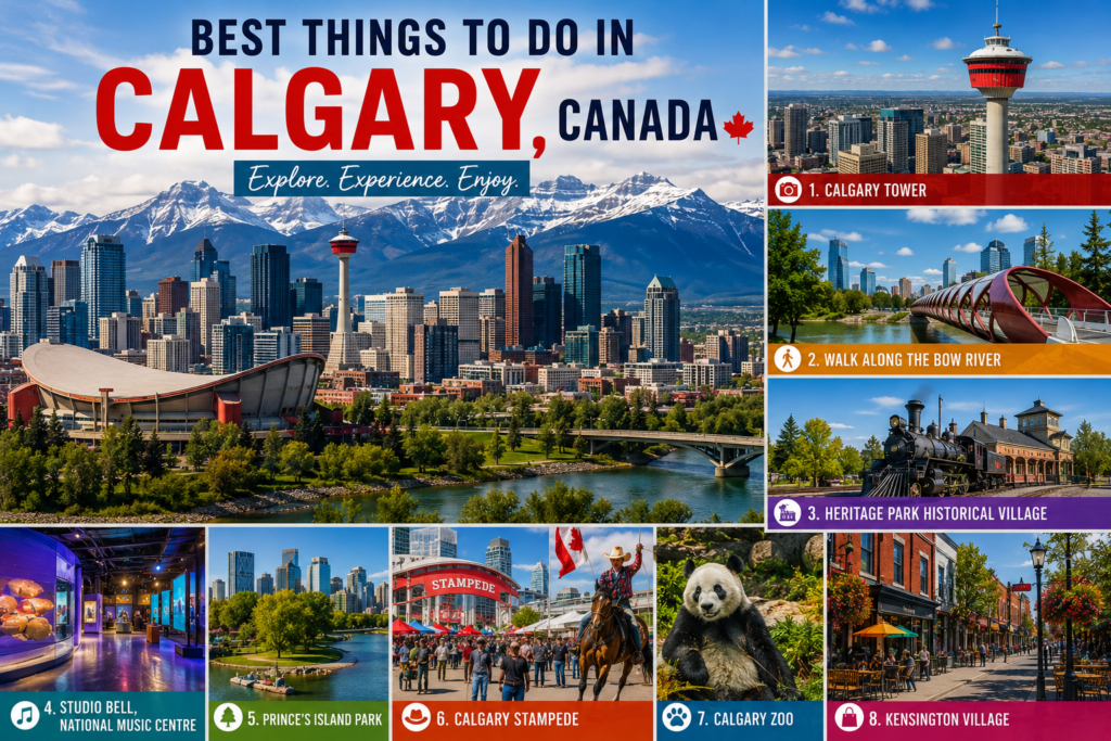 Best things to do in Calgary Canada featuring Calgary Tower, Bow River, Heritage Park, Calgary Stampede, Calgary Zoo, and city skyline