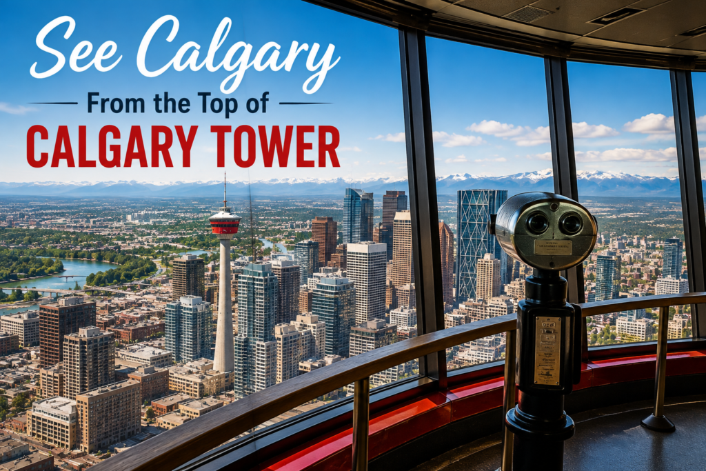 Calgary Tower observation deck with panoramic views of Calgary city skyline and Rocky Mountains