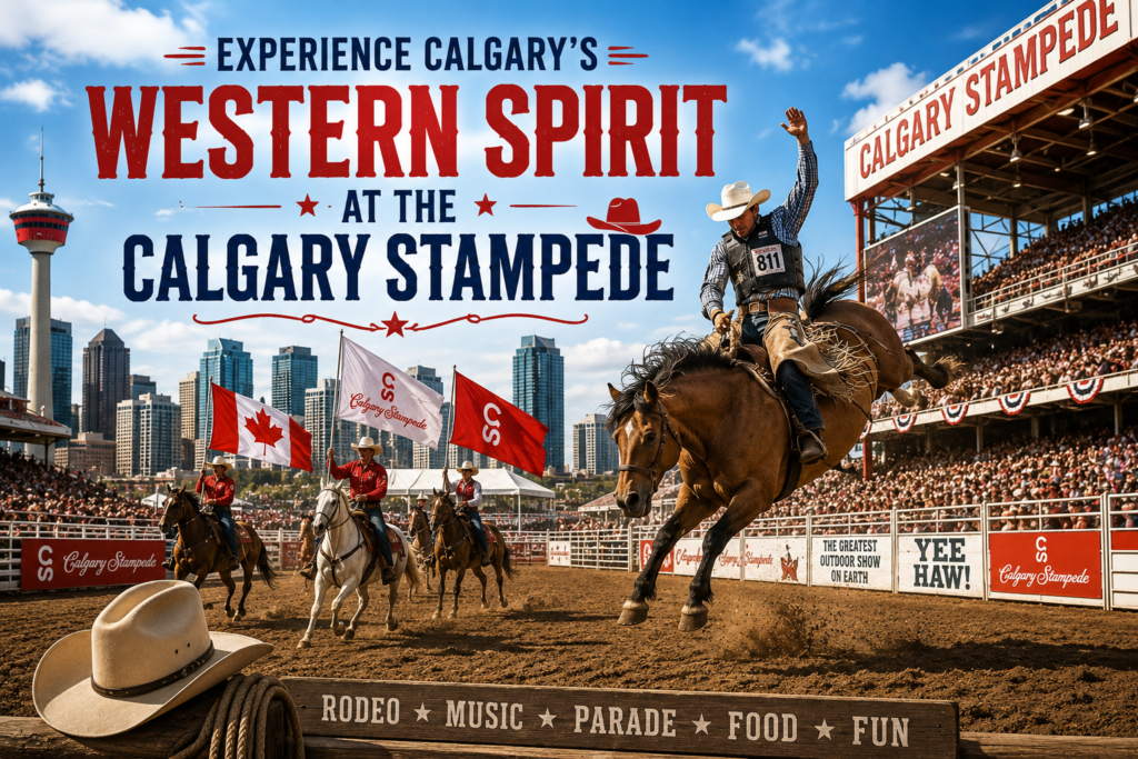 Calgary Stampede rodeo with cowboys, horses, cheering crowds, Calgary skyline, and Western atmosphere