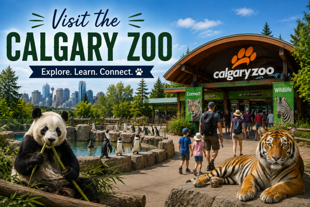 Calgary Zoo Canada with wildlife, visitors, panda, penguins, tiger, and scenic city views