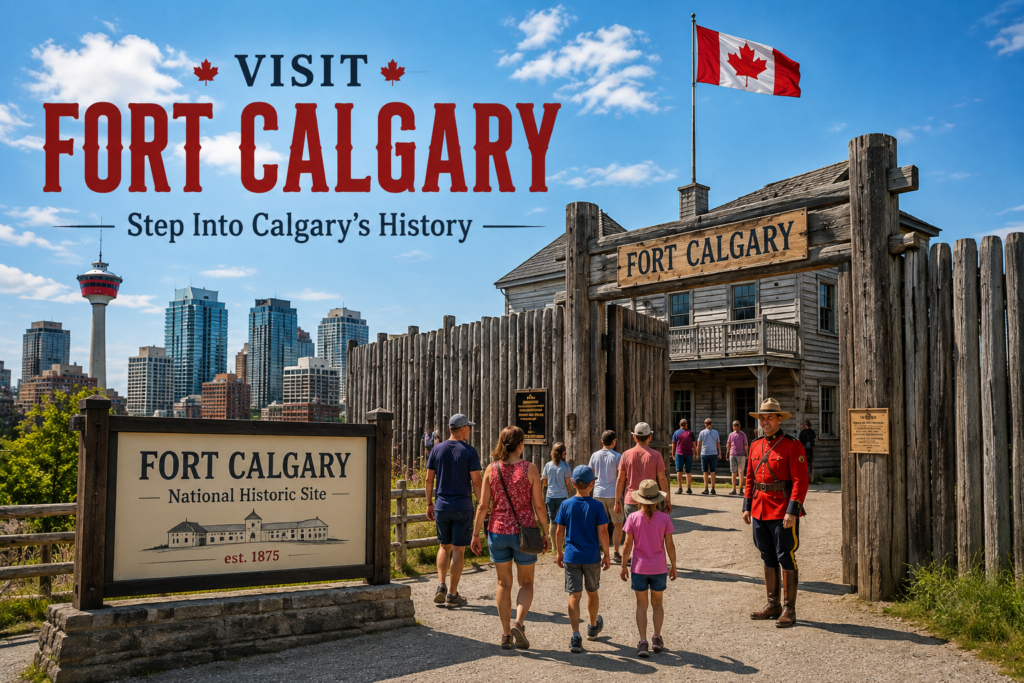 Fort Calgary Canada with historic wooden buildings, visitors, Canadian flag, and Calgary skyline