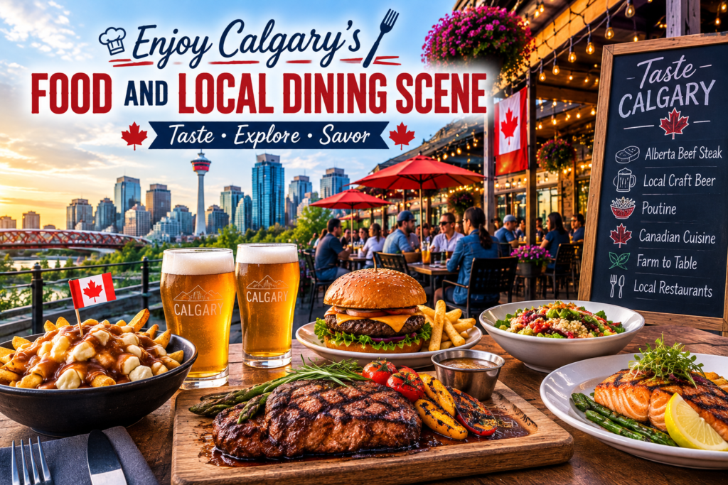 Calgary food and local dining scene with poutine, burgers, grilled dishes, outdoor restaurants, and city skyline