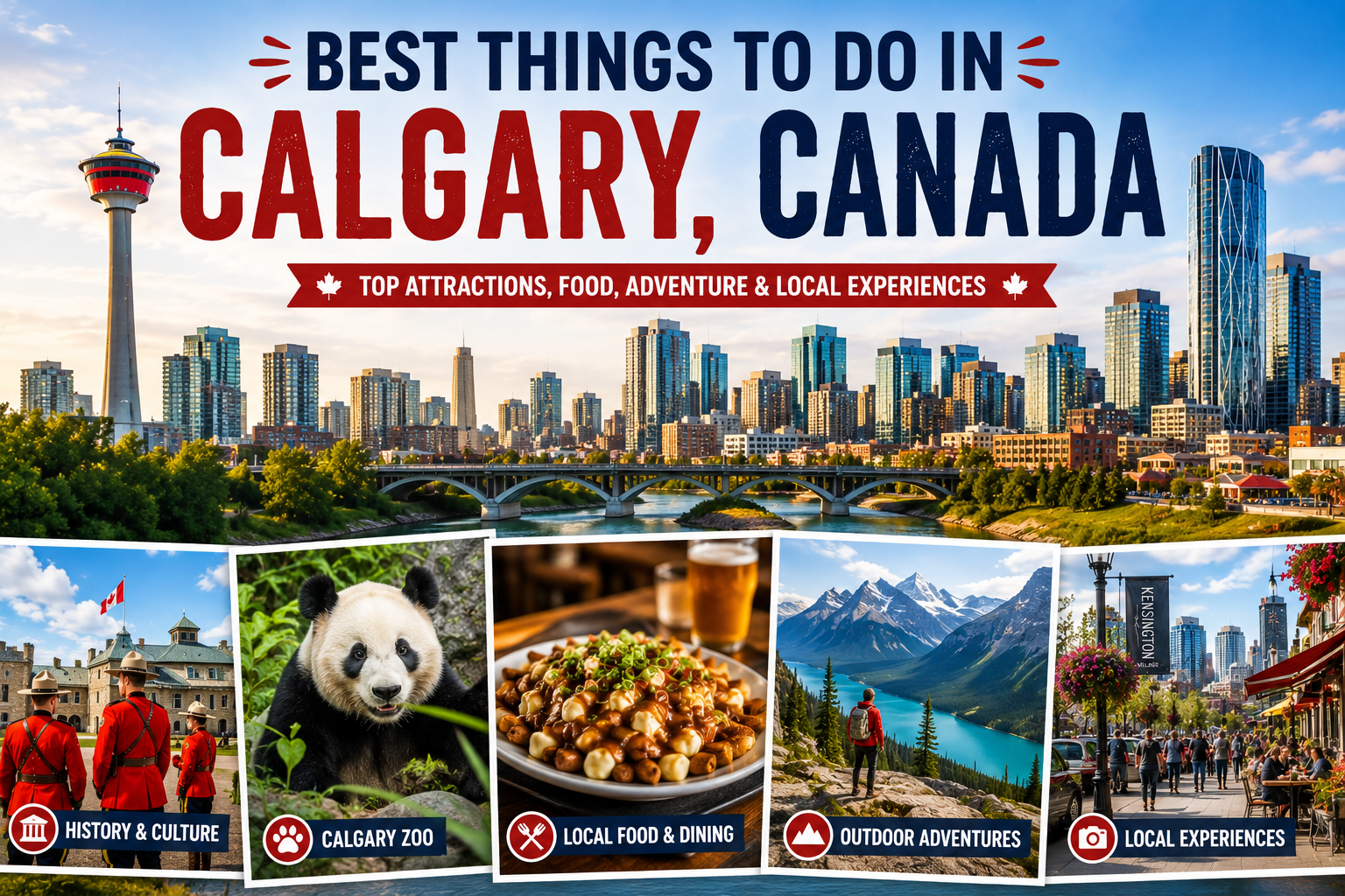 Best things to do in Calgary Canada featuring Calgary Tower, city skyline, Calgary Zoo, local food, Rocky Mountains, and Kensington Village