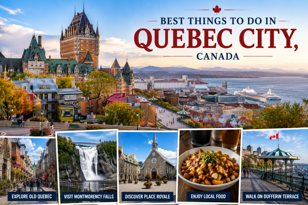 Best things to do in Quebec City Canada featuring Château Frontenac, Old Quebec, Montmorency Falls, Place Royale, and Dufferin Terrace