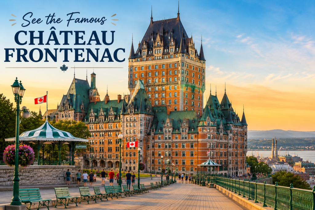 Famous Château Frontenac in Quebec City Canada with Dufferin Terrace, historic architecture, and scenic river views