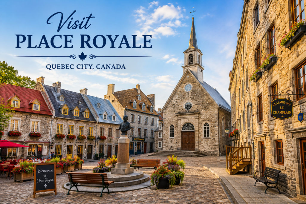 Place Royale Quebec City Canada with historic stone buildings, Notre-Dame-des-Victoires Church, cobblestone streets, and flower displays