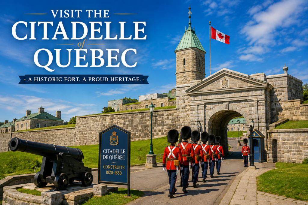 Citadelle of Quebec Canada with historic stone fortress, Canadian flag, cannon, and ceremonial guards