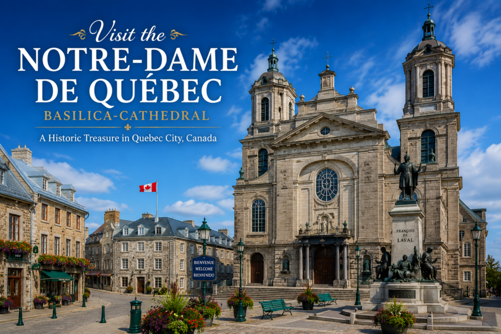 Notre-Dame de Québec Basilica-Cathedral in Quebec City Canada with historic architecture, towers, statue, and cobblestone square
